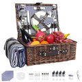 Neti Neti Wicker Picnic Basket for 4 with Insulated Cooler & Waterproof Blanket – Large Willow Picnic Hamper for Outdoor, Camping, Beach, Romantic Dates, Valentine’s Day - color: Blue Stripe