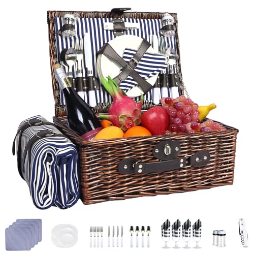 Neti Neti Wicker Picnic Basket for 4 with Insulated Cooler & Waterproof Blanket – Large Willow Picnic Hamper for Outdoor, Camping, Beach, Romantic Dates, Valentine’s Day - color: Blue Stripe