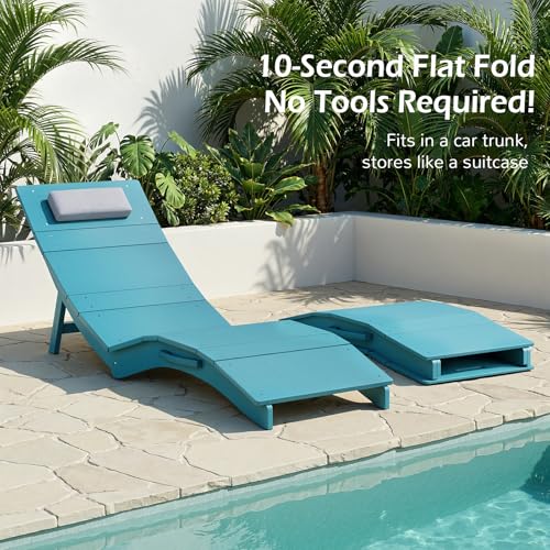 Stoog Folding Pool Chaise Lounge Chair, HIPS Anti-Floating Outdoor Recliner with Headrest, Heavy Duty Patio Furniture for Hotel, Beach & Sun Deck, Turquoise - color: Turquoise