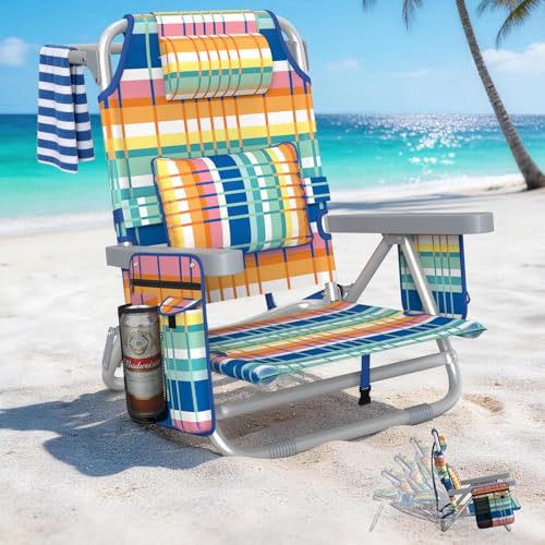 5-Position Backpack Beach Chair for Adults with Lumbar, Foldable Tall Heavy-Duty Beach Chairs with Cooler Bag,Cup Holder,Towel Rack for Beach, Camping, Outdoor (1, Rainbow) - color: Rainbow, size: 1 pack