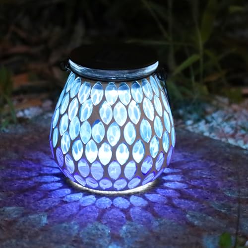 Afirst Mosaic Solar Lanterns - Glass Hanging Lights Hollow Out Waterproof Decorative for Garden, Patio, Holiday Party Outdoor Decoration, Blue-C, 5009420 - style: Ocean Blue