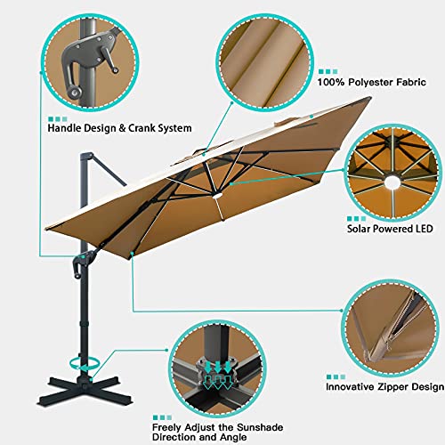 Sunnyglade 10x10ft Solar Powered LED Cantilever Patio Umbrella Square Deluxe Offset Umbrella 360°Rotation & Integrated Tilting System & LED lights for Market Garden Deck Pool Backyard Patio - color: Tan, size: 10X10FT