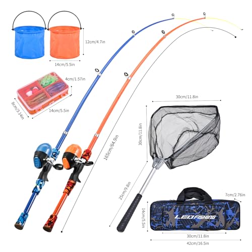 LEOFISHING Portable Kids Fishing Rod Set 2Pack Telescopic Fishing Poles for Boys and Girls Fishing Rod and Reel Combos with Full Kits Fishing Net and Bucket for Toddler Youth
