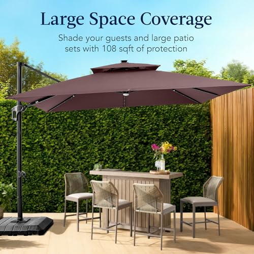 Best Choice Products 9x12ft LED Cantilever Patio Umbrella w/Base Included & 360° Rotation, Large Solar Offset Hanging Outdoor Sun Shade for Deck, Backyard Table w/Stand & Lights – Deep Taupe - color: Deep Taupe, size: 9x12ft
