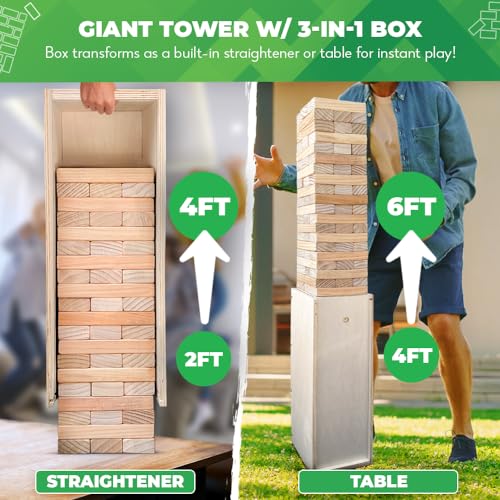 SWOOC Games® - Giant Tower Game with 3-in-1 Straightener, Table & Storage Box - 90% Faster Set Up with Transforming Box & Straightener - Starts at 2-4ft - Grows to Over 6ft - Large Outdoor Yard Games