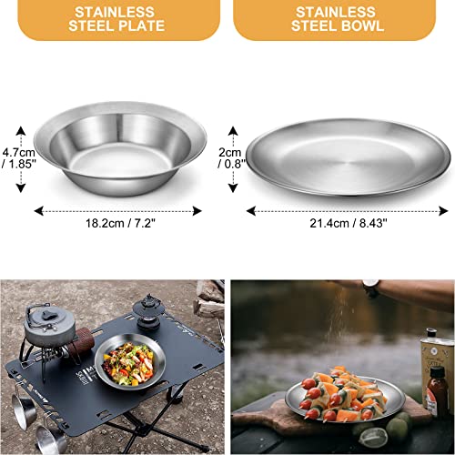 Odoland Stainless Steel Camping Mess Kit for Family & Person, Cooking Tableware Utensils with Plates Bowls Forks Spoons Knives & Savings Bag for Camping, Backpacking, Hiking, Picnic - style: 4 Person Set