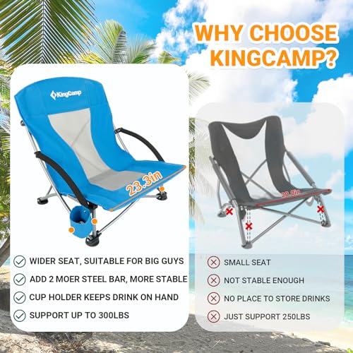 KingCamp Low Beach Chair Folding Portable Lightweight Backpack Chair for Adults with Cup Holder Pocket Carry Bag for Outdoor Camping Concert Festival Travel Sports Lawn Sand, Blue - color: Blue-low Back