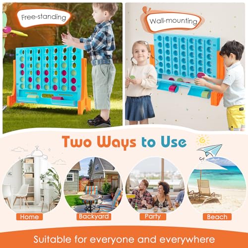 COSTWAY Giant 4-in-a-Row Game with Storage Carry Bag, Jumbo 4-to-Score Game with Chesses, Quick Release Slider for Kids Adults, Indoor Outdoor Backyard, Free-Standing/Wall-mounting (Red&Orange) - color: Blue&orange