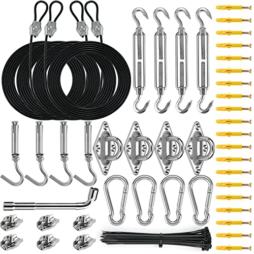 Sun Shade Sail Hardware Kit with 4pcs 10ft Length Extension Nylon Wire Rope, Triangle Rectangle Shade Canopy, 304 Stainless Steel, Garden Outdoors