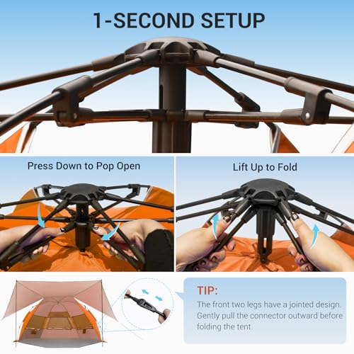 Elegear CumbreX™ Beach Tent with 360° Removable Canopy, 4-6 Person Pop Up Sun Shade Shelter, UPF 50+ Automated Installation Double Silver Coating Portable Lightweight Beach Cabana for Outdoor Orange - color: Orange