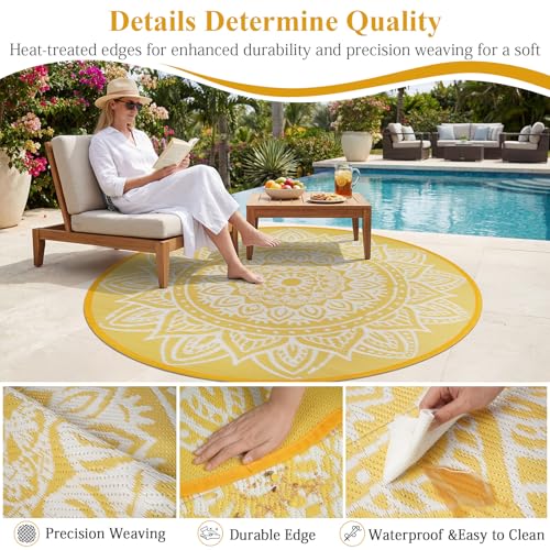 Round Outdoor Rug 6ft Waterproof Reversible Boho Plastic Straw Patio Deck Camping Rugs, Indoor Outdoor Portable RV Mat Carpet for Outside, Porch, Balcony, Backyard, Beach, Pool, Yellow - color: Yellow, size: Round 6ft