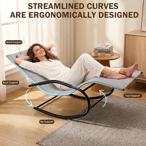 Zero Gravity Rocking Chair Lightweight Lounge Chair Recliner with Detachable Pillow Outdoor Chaise Lounge Chair for Patio, Lawn, Pool, Home Furniture, Grey
