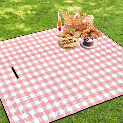Large Cute Gingham Picnic Blanket 79"X60" Outdoor Picnic Mat Foldable Waterproof Sand Proof Beach Blanket Portable Rug for Picnics Beach Camping Lawn Grass Hiking Concerts Tent Indoor Play Mat, Pink - color: Pink Plaid