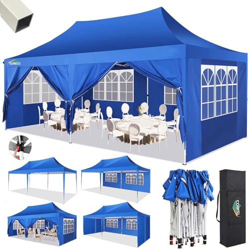 COBIZI 10x20 Pop Up Canopy with 6 Sidewalls,10x20 Canopy Tent Frame Upgraded with 3 Adjustable Heights,Waterproof UV50+ Outdoor Party Commercial Ez Up Gazebos with Carry Bag(10 x 20 ft Blue) - color: Blue, size: 10x20ft(With 6 Sidewalls)
