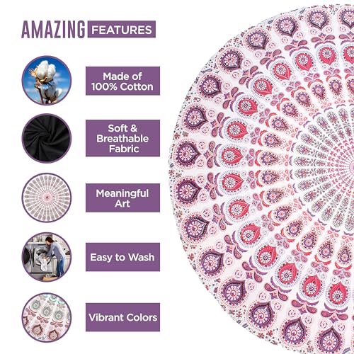 raajsee Mandala Round Beach Tapestry Hippie Mandala/Boho Decor Beach Blanket/Indian Cotton Throw Bohemian Round Table Cloth Mandala/Yoga Mat Meditation Picnic Rugs (WHITE PINK) - color: WHITE PINK