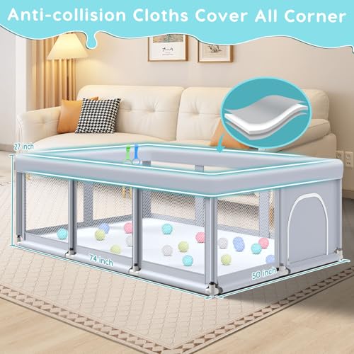 Fshibila 74" ×50" Large Baby Playpen, Baby Playard for Babies and Toddlers, PlayPen for Indoor & Outdoor, Sturdy Safety Play Yard with Soft Breathable Mesh, Anti-Fall, Ball x 18, Handle x 2, Grey - color: Grey, size: 74 × 50 Inch + handle&ball