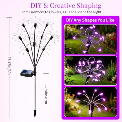Solar Garden Lights Outdoor, 4 Pack 2-Layer Purple Solar Firework Lights, Waterproof Starburst Fairy Light Garden Decor for Yard Patio Pathway Lawn, Unique Gifts for Women Mom Grandma Mother's Day - color: Purple