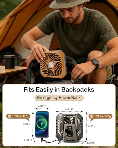 Odoland Portable Camping Fan with LED Lantern, 40H Rechargeable Battery Operated Quiet Tent Fan with Hanging Hook for RV Car Beach Outdoor Hurricane Emergency Outages - color: Brown