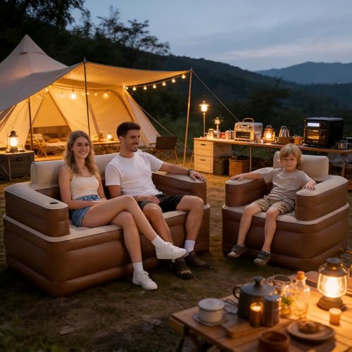 Inflatable Couch Set with Cup Holders & Pump, Velvety Air Sofa (1 Loveseat 60"x32"x34" & 1 Chair 41"x32"x34") for Camping & Home - size: L+1 Set