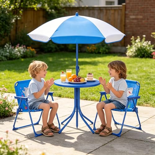 KOTEK Kids Picnic Table with Umbrella, Outdoor Table & 2 Folding Chairs, Cute Pattern Children’s Patio Furniture, Portable Kids Table and Chair Set for Backyard, Garden, Beach (Blue Ocean) - color: Blue Ocean