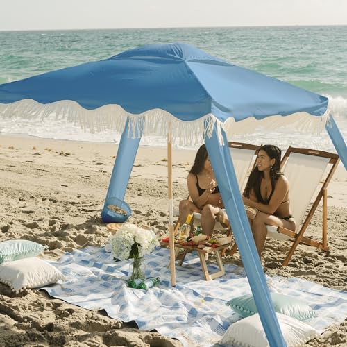AMMSUN Beach Cabana with Fringe, 7' x 7' Boho Beach Canopy with Tassels, Easy Set up & Premium Wood Pole, Cabana Tent with Sand Pockets, Instant Sun Shade for Sand, Garden, Patio, Blue - color: Blue