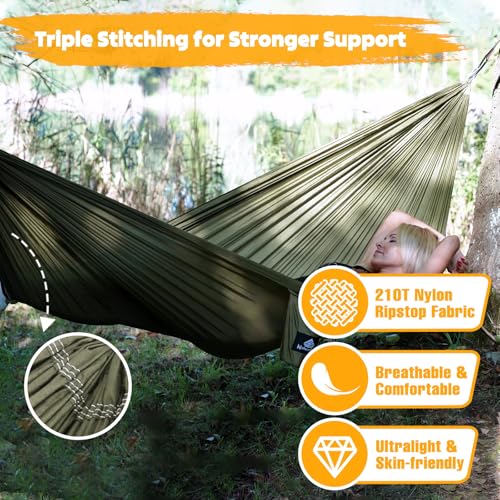 NATUREFUN Ultra-Light Travel Camping Hammock | 300kg Load Capacity,Breathable,Quick-Drying | 2 x Premium Carabiners,2 x Nylon Slings Included | Outdoor Indoor Garden - color: Army-green, size: 275x140cm
