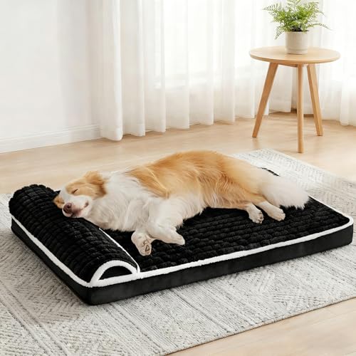 Orthopedic XL Dog Bed Large Sized Dog with Pillow 42''X28'', Waterproof Soft Comfortable Egg Crate Foam Pet Crate Beds Mat with Removable Washable Cover and Non-Slip Bottom, Black - color: Black, size: 42"l X 28"w X 3.5"th