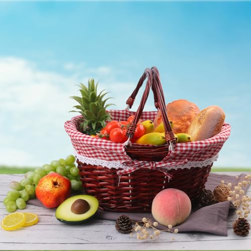 1 Pack 14.2 Inch Brown Wicker Basket with Checkered Lining, Oval Wicker Woven Basket with Handle, Willow Woven Picnic Baskets for Picnic, Camping, Party - size: 1 Pack 14.2in Brown