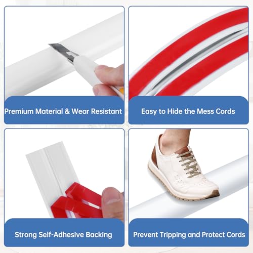 Floor Cord Cover Self Adhesive Cord Hider Floor Extension Cord Covers for Floor Power Cord Protector Cable Management Prevent Cable Trips Cable Cavity 0.32" W x 0.32" H (White, 3.3Ft) - color: White, size: 0.79" x 3.3'