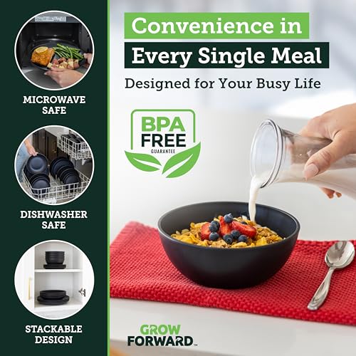 Grow Forward 16-piece Premium Wheat Straw Dinnerware Sets for 4 - Unbreakable Dishwasher & Microwave Safe Plastic Plates and Bowls Sets - Patio, Outdoors, RV, Camping Dishes - Midnight - color: Midnight Black