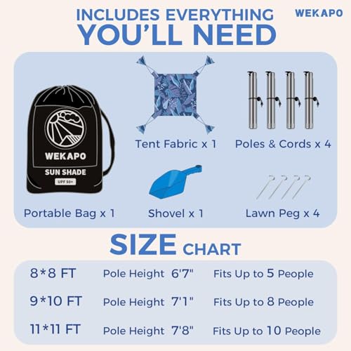 WEKAPO Beach Tent Sun Shelter - Easy Setup Beach Canopy with 4 Sturdy Poles, Large Sandbags and Shovel, 6'7'' Tall, Windproof Sun Shade for Backyard and Camping, UPF 50+ Protectio - color: Sapphire Twilight Leaf, size: 8x8 FT 4 Pole