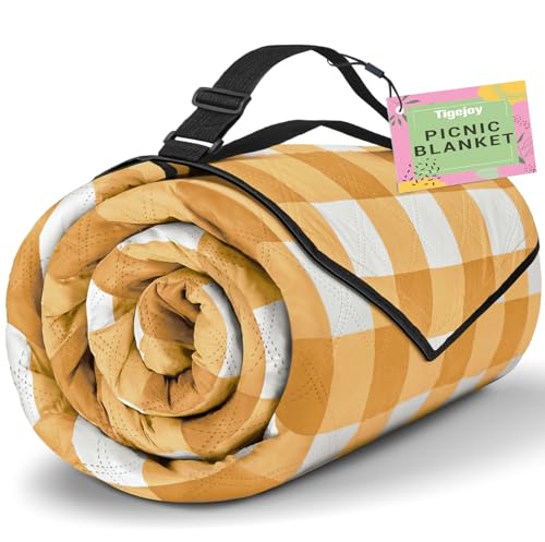 TigeJoy Extra Large Picnic Blanket Waterproof Foldable 80''x80'', Outdoor Picnic Mat Beach Blanket Sandproof for Park, Grass, Travel, Hiking, Camping Essentials, Gingham Picnic Blanket - color: Yellow, size: 6'8" x 6'8" (Rectangular)