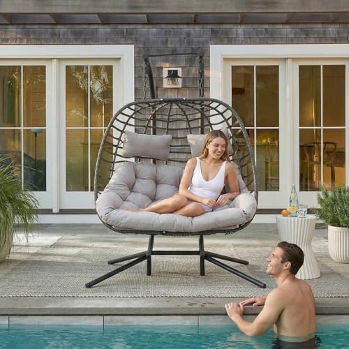 2 Person Hanging Egg Chair with Stand for Outdoor, Patio Hand Made Rattan Wicker Double Egg Swing Chairs Hammock Chair with UV Resistant Cushion and Metal Frame, Porch Swing Loveseat for Backyard - color: Light Grey