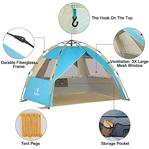 G4Free Deluxe XL Pop Up Beach Tent, 3-4 Persons Easy Setup Sun Shelter Canopy with UPF 50+ UV Protection Extral Wide 70.9 in - color: Large New Lake Blue
