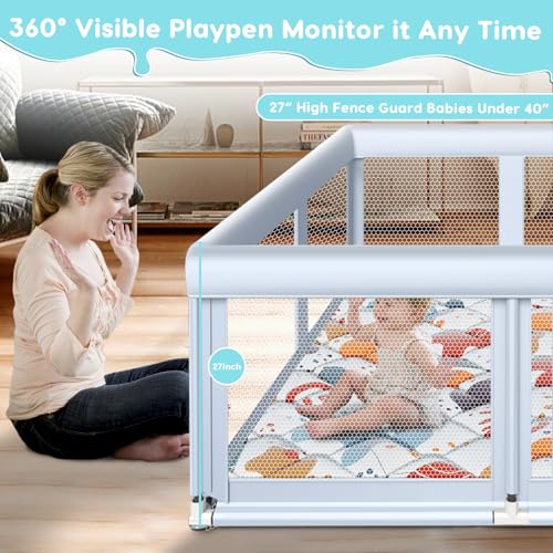 Fshibila 65" ×50" Large Baby Playpen with Mat, Baby Playard for Babies and Toddlers, Play Pens for Indoor & Outdoor, Sturdy Safety Play Yard with Soft Breathable Mesh, Anti-Fall, Grey - color: Grey, size: 65 x 50 IN+MAT
