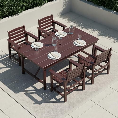 Outdoor HDPE Dining Set 5 Pieces, Patio Table with Umbrella Hole and 4 Chairs, All Weather Patio Furniture for Lawn, Garden, Backyard, Deck, Poolside, Outdoor Dining Table and Chairs, Coffee - color: Coffee, size: 5-Piece (1 Table + 4 Chairs)