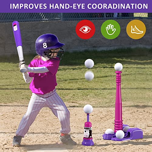 QDRAGON 2 in 1 T Ball Sets for Kids 3-5 5-8, Tee Ball Set with Automatic Pitching Machine/Adjustable Batting Bat & Stand/6 Balls, Baseball Toys Outdoor Sport for Toddlers Girls, Pink - color: Pink