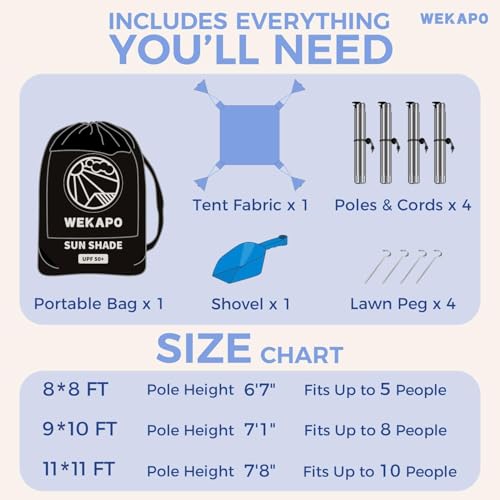 WEKAPO Beach Tent Sun Shelter - Easy Setup Beach Canopy with 4 Sturdy Poles, Extra Large Sandbags and Shovel, 7'8'' Tall, Windproof Sun Shade for Backyard and Camping, UPF 50+ Protection - color: Periwinkle Blue, size: 11x11 FT 4 Pole