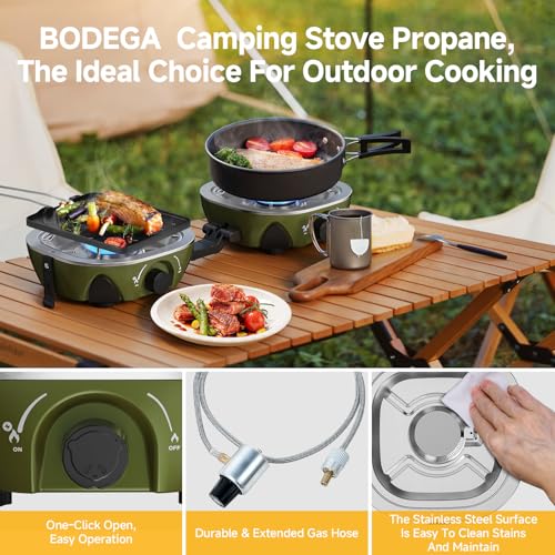 BODEGA 2 Burner Camping Stove,20000 BTU Folding Propane Camp Stove with Pressure Adjustable Burners,Wind-Resistant Dual Gas Stoves with Portable Handle&Bag&GrillPan for Camping,BBQ,RVs,Tailgating - size: With Frying Pan