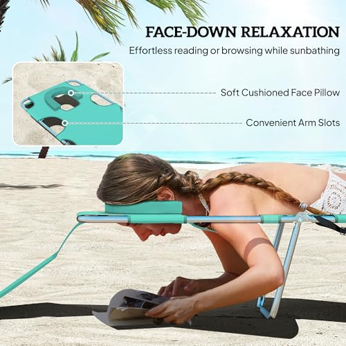 Outsunny Chaise Lounge Chair Outdoor with Face Arm Hole, 5-Position Reclining Face Down Tanning Chair with Carry Strap, Side Pocket, Portable Folding Bed Cot for Patio Beach Pool, Light Green - color: Light Green, size: 1 Piece