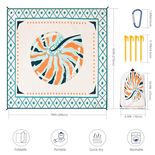 HIHOHO Beach Blanket Waterproof Sandproof Extra Large Beach Mat 79" X 83"/120"x108"for 1-8 Adults Quick Drying Durable Outdoor Picnic Mat for Beach Travel Camping Hiking - color: Colorful Round Shell - Lace Pattern, size: 79" X 83"（1~3 person）