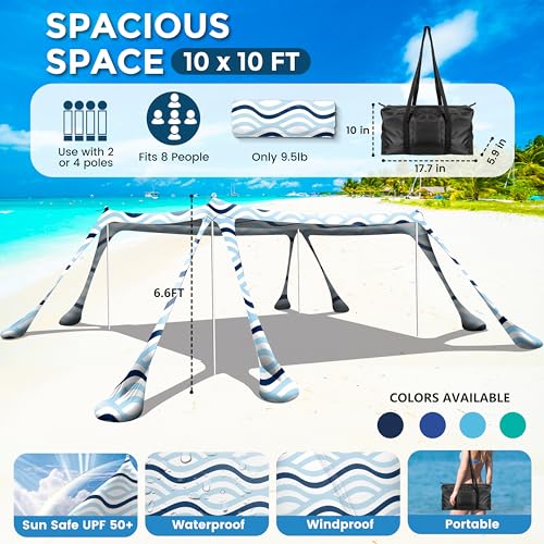 Beach Canopy Beach Tent Pop Up Shade 10x10ft Sun Shelter UPF50+ with 8 Sandbags-2 Sand Shovel-4 Aluminum Poles-Ground Pegs-Portable Carrying Bag for Outdoor Family Camping Fishing Yard Picnic - color: Sea Wave