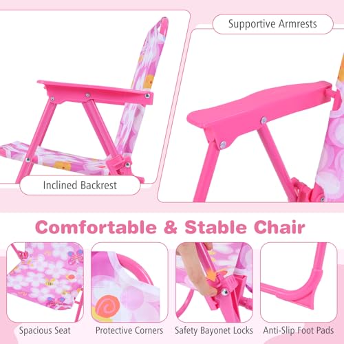 Costzon Kids Picnic Table, Kids Outdoor Table with 2 Folding Chairs, Height Adjustable Umbrella, Portable Children Outdoor Furniture for Patio, Garden, Backyard (Pink Flowers) - color: Pink Flowers