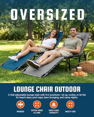 KingCamp Oversized Tanning Chair, Extra-Wide Padded Folding Chase Lounge Chairs Portable Adjustable 5-Position 440lbs Heavy Duty Lounger with Double-Layer Oxford for Outdoor Beach Patio Sun Pool Grey - color: Pro-grey-1 Pack
