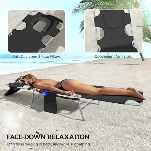 Outsunny Chaise Lounge Chair Outdoor Set of 2 with Face Arm Hole, 5-Position Reclining Face Down Tanning Chair with Carry Strap, Side Pocket, Portable Folding Bed Cot for Patio Beach Pool, Black - color: Black, size: 2 Pieces