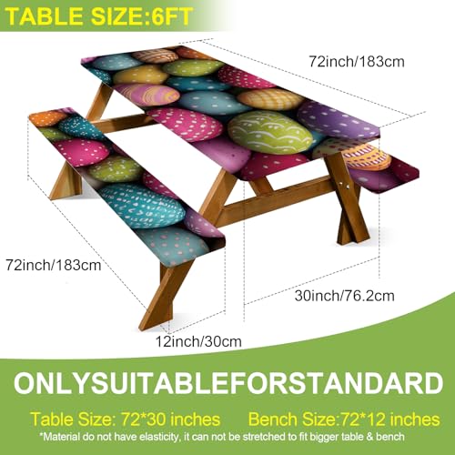 ANNA QUEEN Easter Holiday 6FT Picnic Table Cover with Bench Covers Set of 3 with Drawstring Bag, Colorful Easter Eggs 72"x30" Waterproof Fitted Picnic Tablecloth & Bench Covers for Outdoor Dining - color: #58