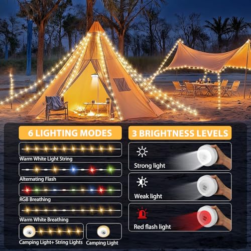 Camping String Lights, 4 in 1 Quick Storage Camping Essentials Gear 32.8FT Rechargeable Tent Lights with 9 Modes Hanging Waterproof LED Camp Lamp for Camping Hiking Patio Garden Festival-Black - color: Warm & RGB-Black, size: 1PACK