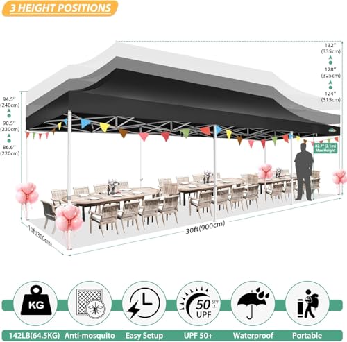 COBIZI 10x30 Pop Up Canopy with Sidewalls, Heavy Duty Canopy with Mosquito Netting, Easy up Screen Party Tents for Parties Backyard Outdoor Commercial Event Gazebo with Roller Bag, Sandbags, Black - color: Black, size: 10x30ft(standard)