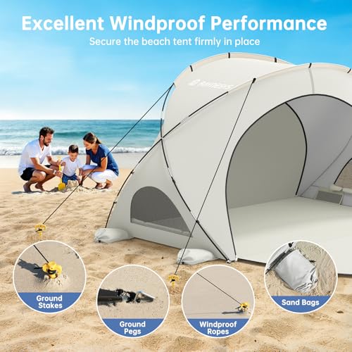 Raynesys Beach Tent Sun Shelter, Beach Shade Tent with UPF50+ UV Protection, Sun Shelter for 1-3 Person, Beaches Shade with 2 Zippered Doors, Portable Tents for Camping Fishing, Beige - color: Beige, size: For 3 Person