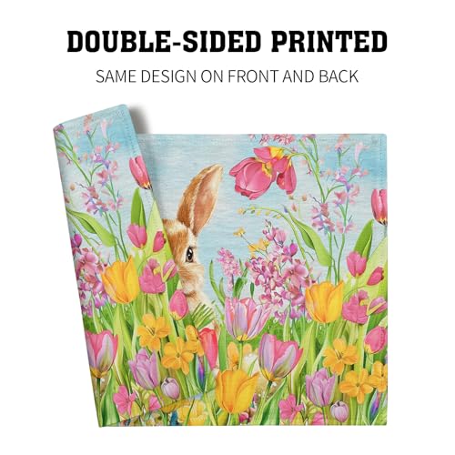 Easter Bunny Placemats Set of 4, 12x18 Inch Colorful Painting Tulip Flowers Rabbit Place Mat Heat Resistant Washable Rectangle Dining Table Mat Farmhouse Kitchen Holiday Decor - color: Bunny Tulip Flowers